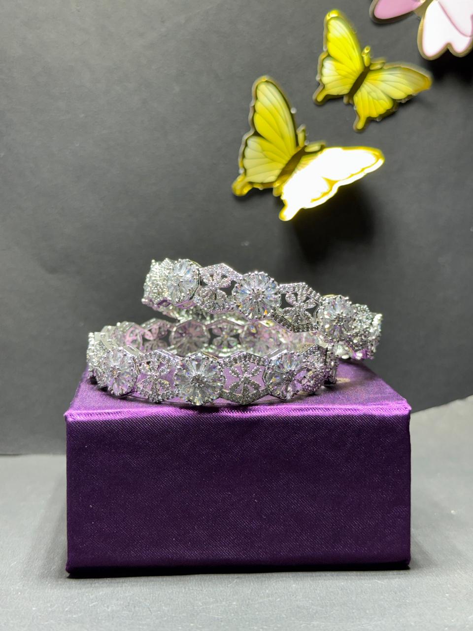 Stunning Silver-Tone Floral Statement Bangles – White Crystal Studded Broad Kadas for Weddings & Parties (Set of 2) - Image 3