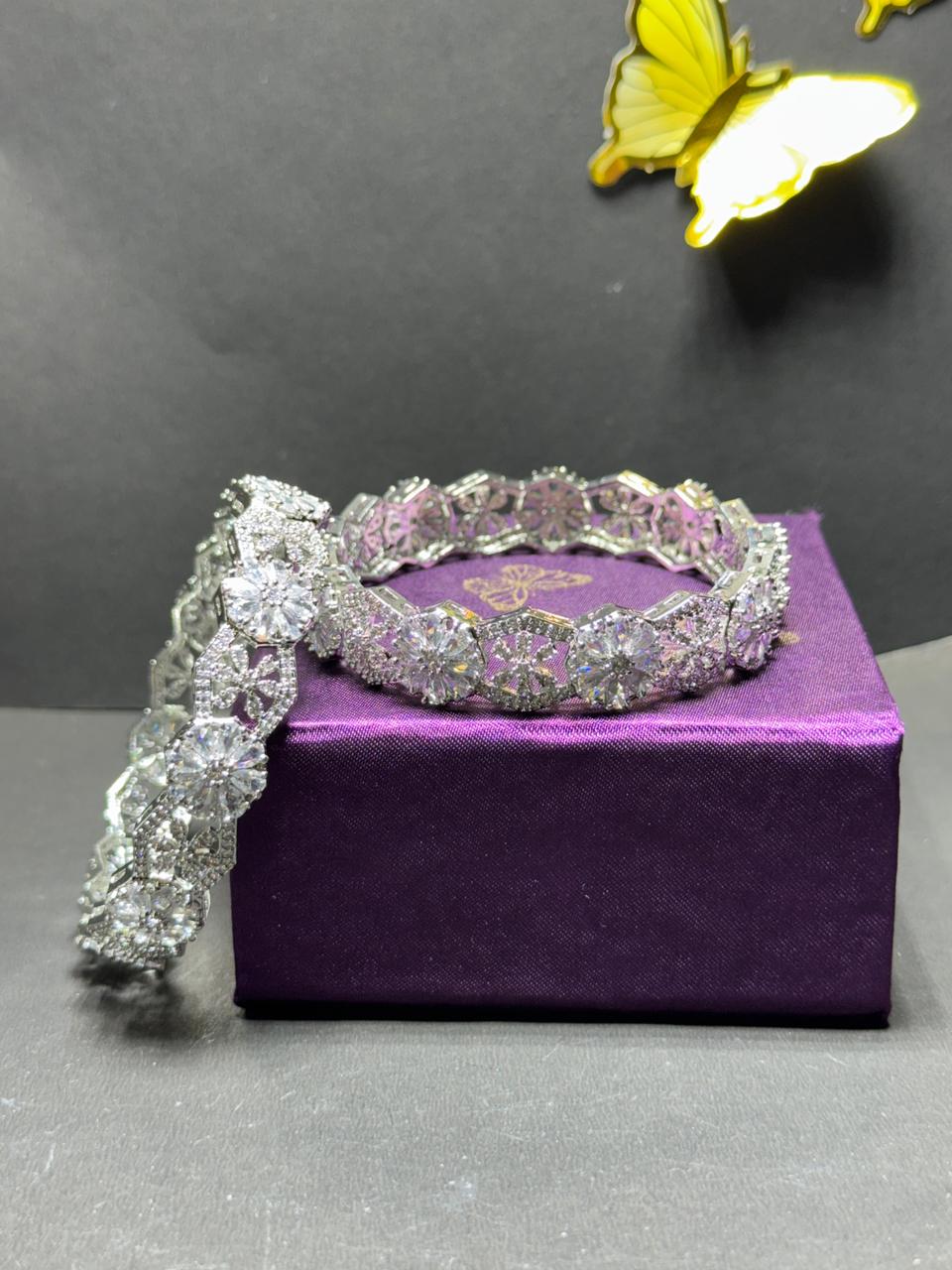 Stunning Silver-Tone Floral Statement Bangles – White Crystal Studded Broad Kadas for Weddings & Parties (Set of 2) - Image 4