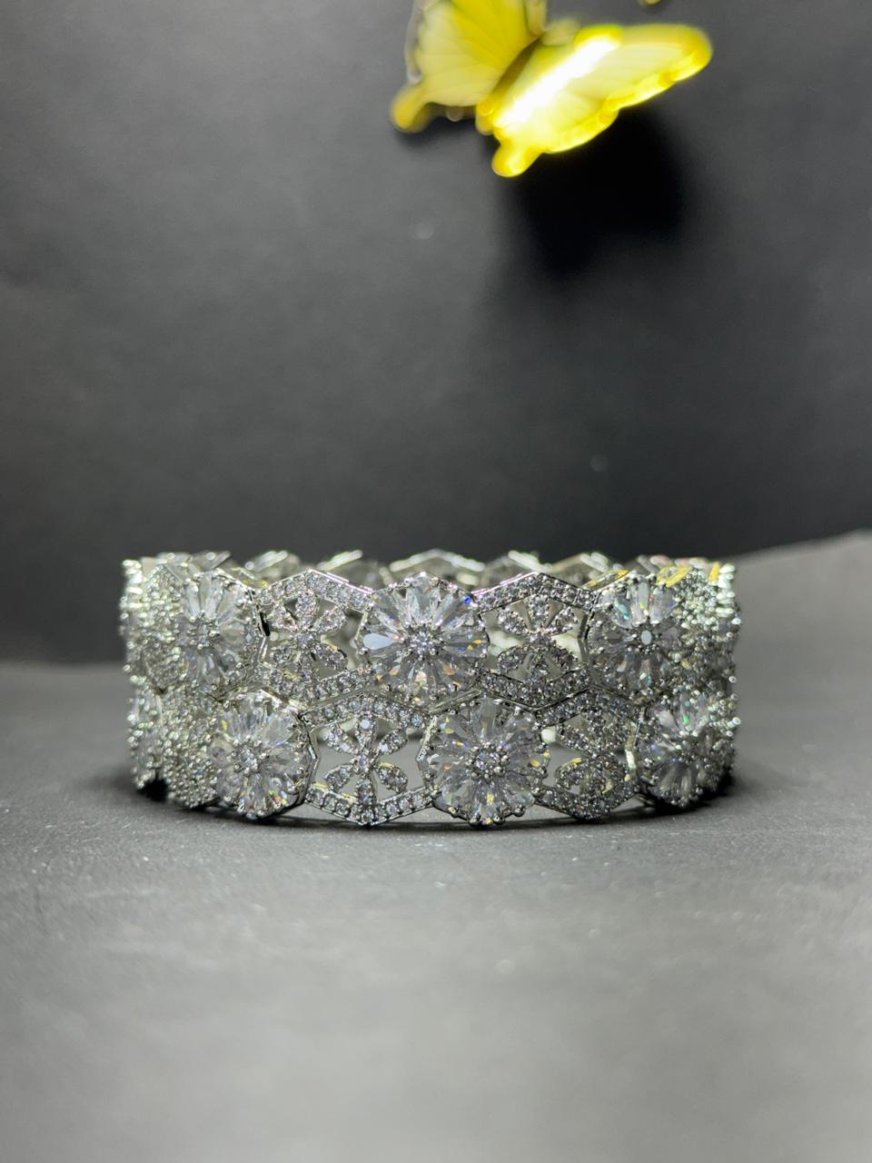 Stunning Silver-Tone Floral Statement Bangles – White Crystal Studded Broad Kadas for Weddings & Parties (Set of 2)