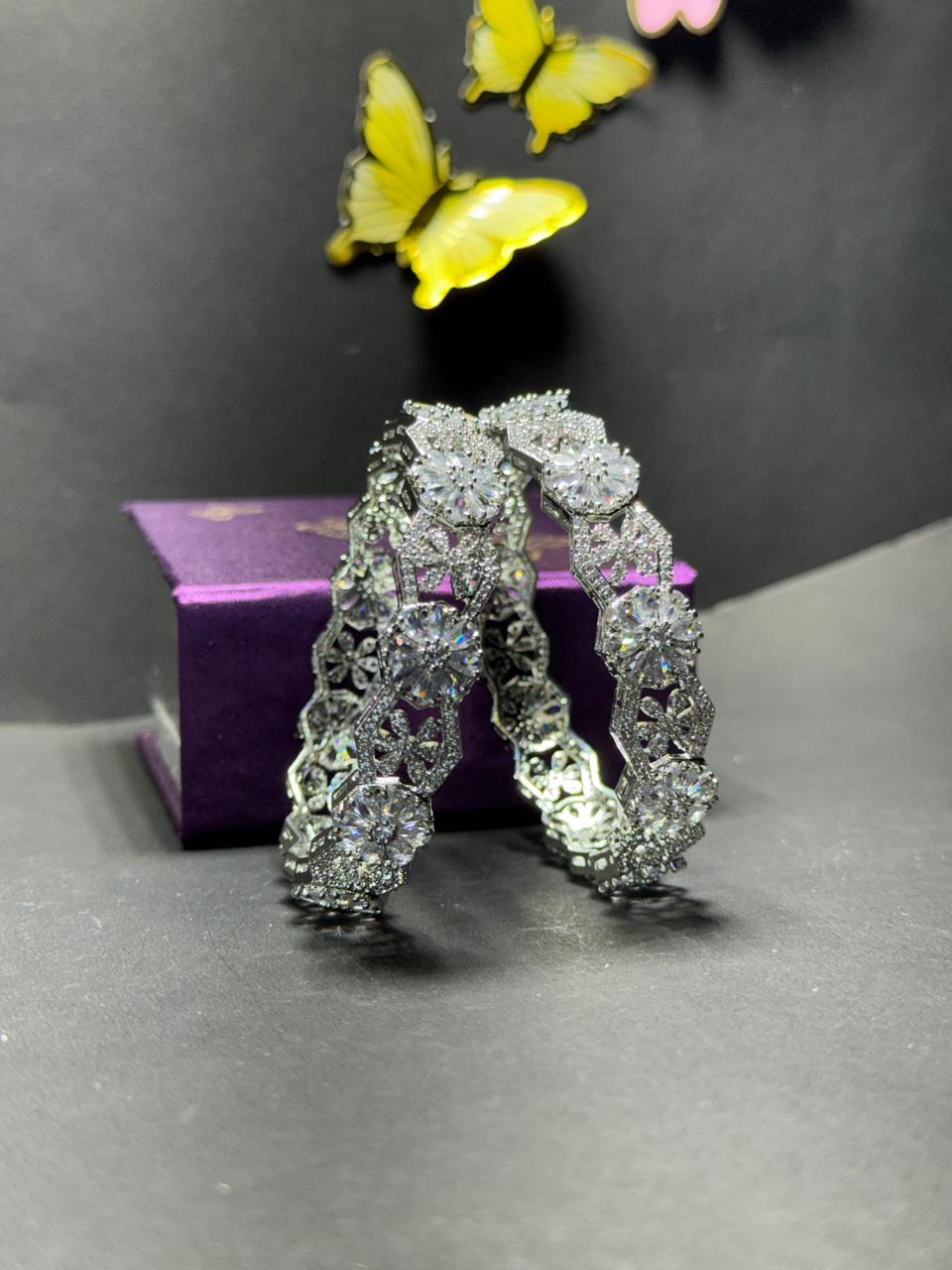 Stunning Silver-Tone Floral Statement Bangles – White Crystal Studded Broad Kadas for Weddings & Parties (Set of 2) - Image 2