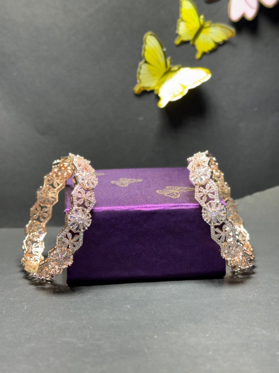 Elegant Floral Diamond-Style Gold Plated Bangles with Brilliant White Zirconia Crystals (Set of 2) - Image 3