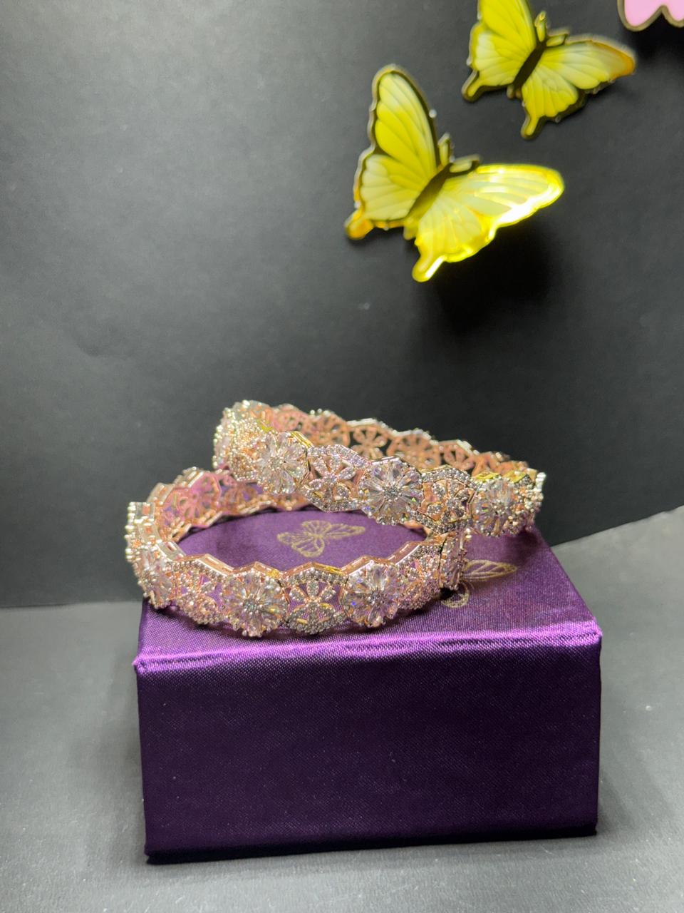 Elegant Floral Diamond-Style Gold Plated Bangles with Brilliant White Zirconia Crystals (Set of 2) - Image 2