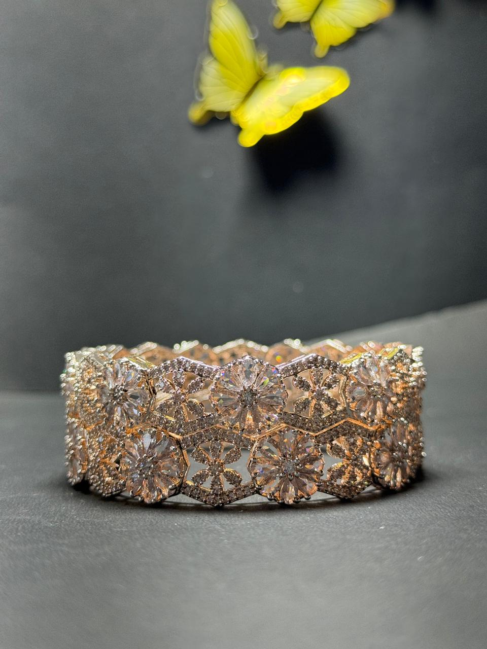 Elegant Floral Diamond-Style Gold Plated Bangles with Brilliant White Zirconia Crystals (Set of 2)