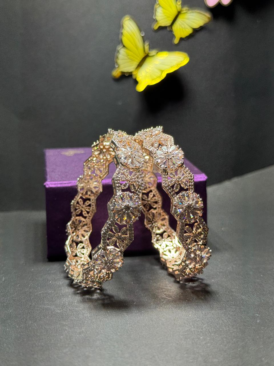 Elegant Floral Diamond-Style Gold Plated Bangles with Brilliant White Zirconia Crystals (Set of 2) - Image 5