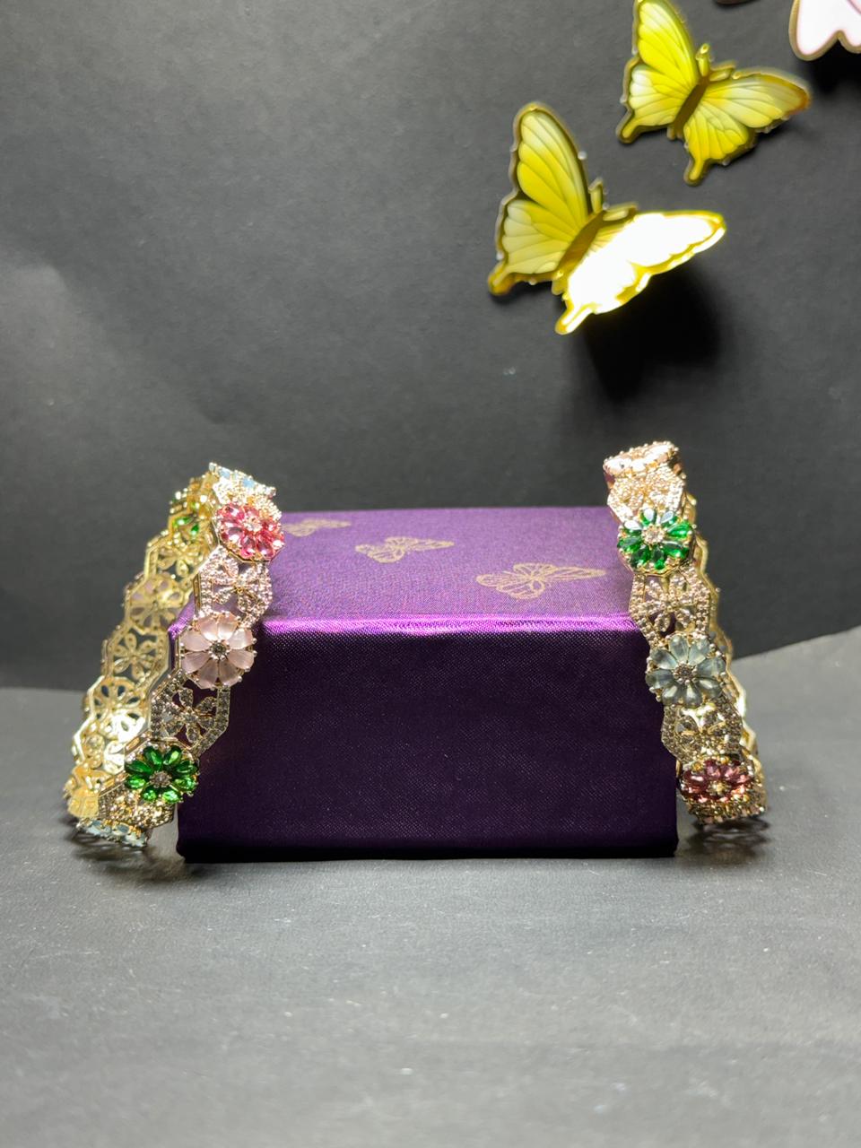 Exquisite Floral Navratna-Style Gold Plated Bangles with Multi-Color Zirconia Crystals (Set of 2) - Image 2