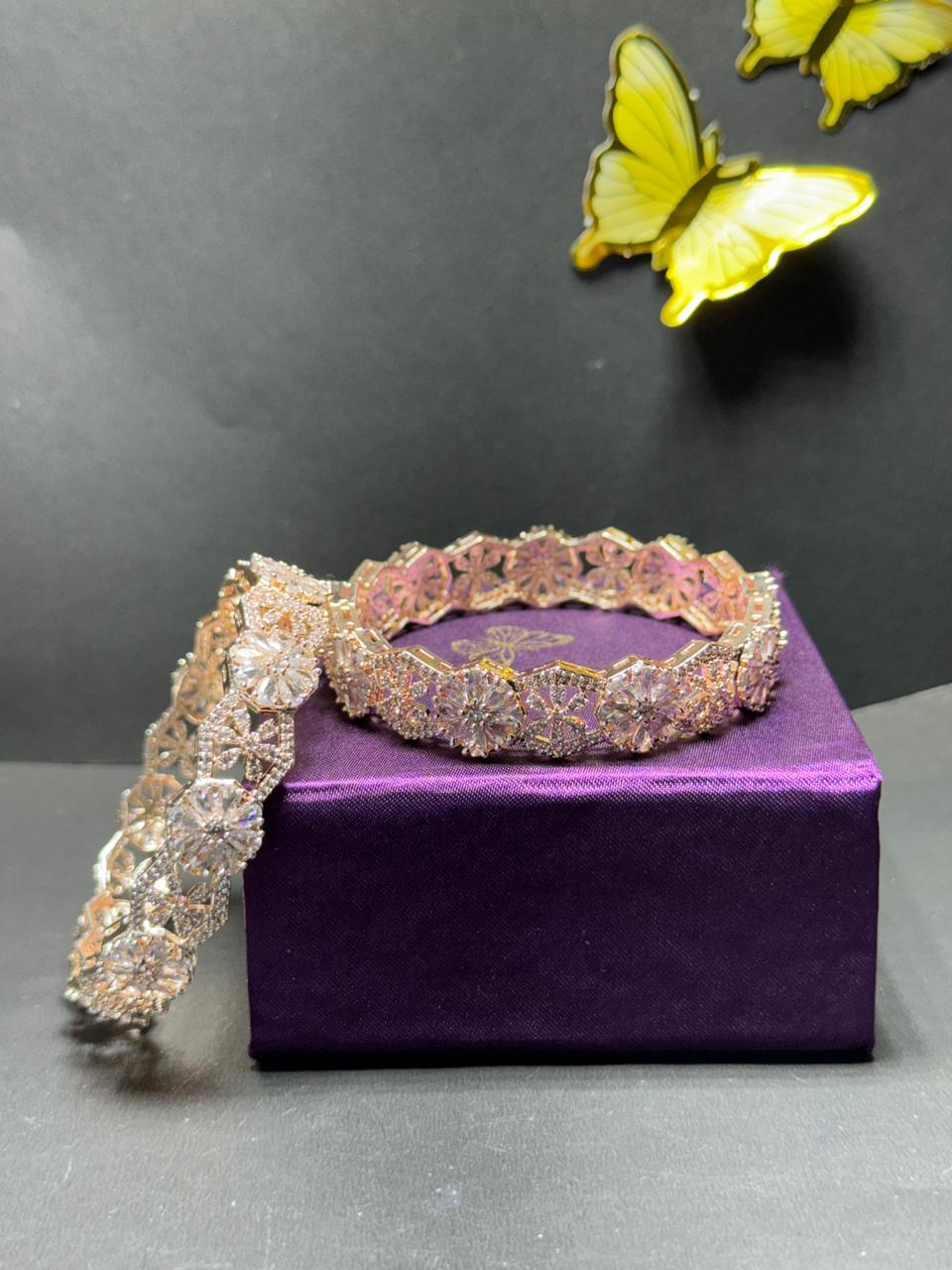 Elegant Floral Diamond-Style Gold Plated Bangles with Brilliant White Zirconia Crystals (Set of 2) - Image 4