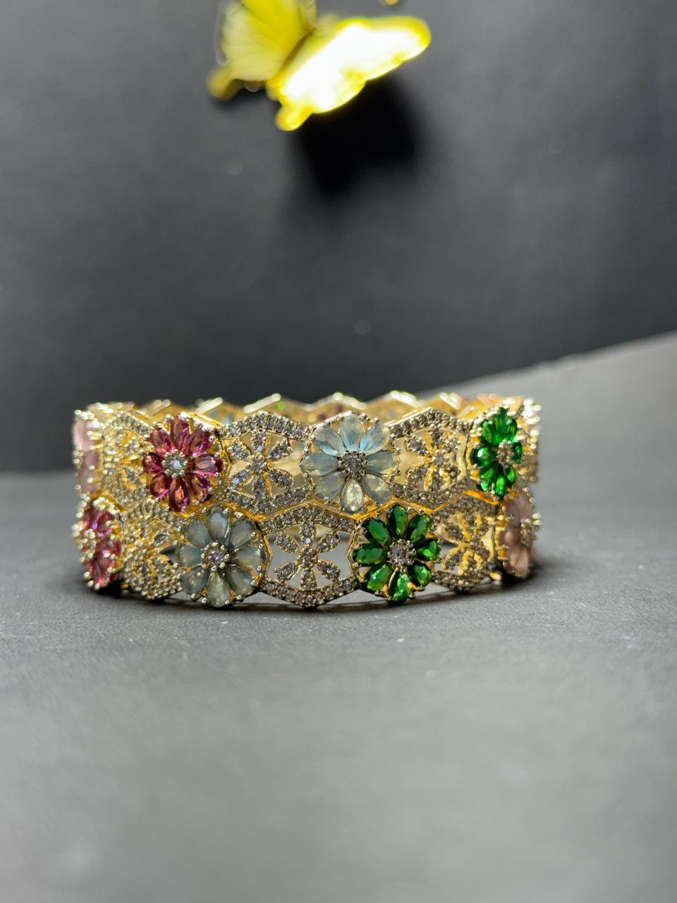 Exquisite Floral Navratna-Style Gold Plated Bangles with Multi-Color Zirconia Crystals (Set of 2)