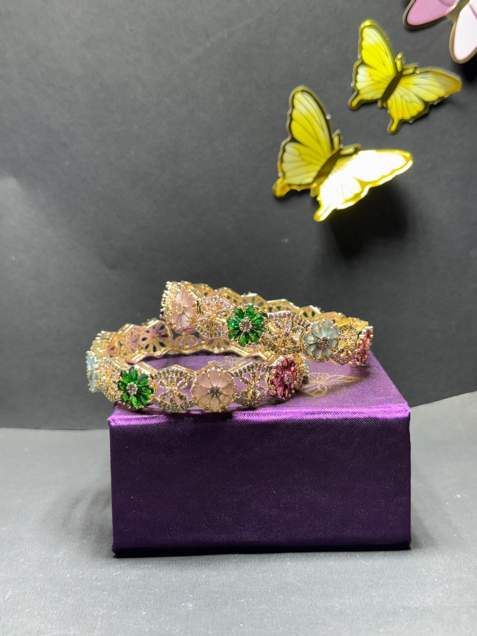 Exquisite Floral Navratna-Style Gold Plated Bangles with Multi-Color Zirconia Crystals (Set of 2) - Image 3