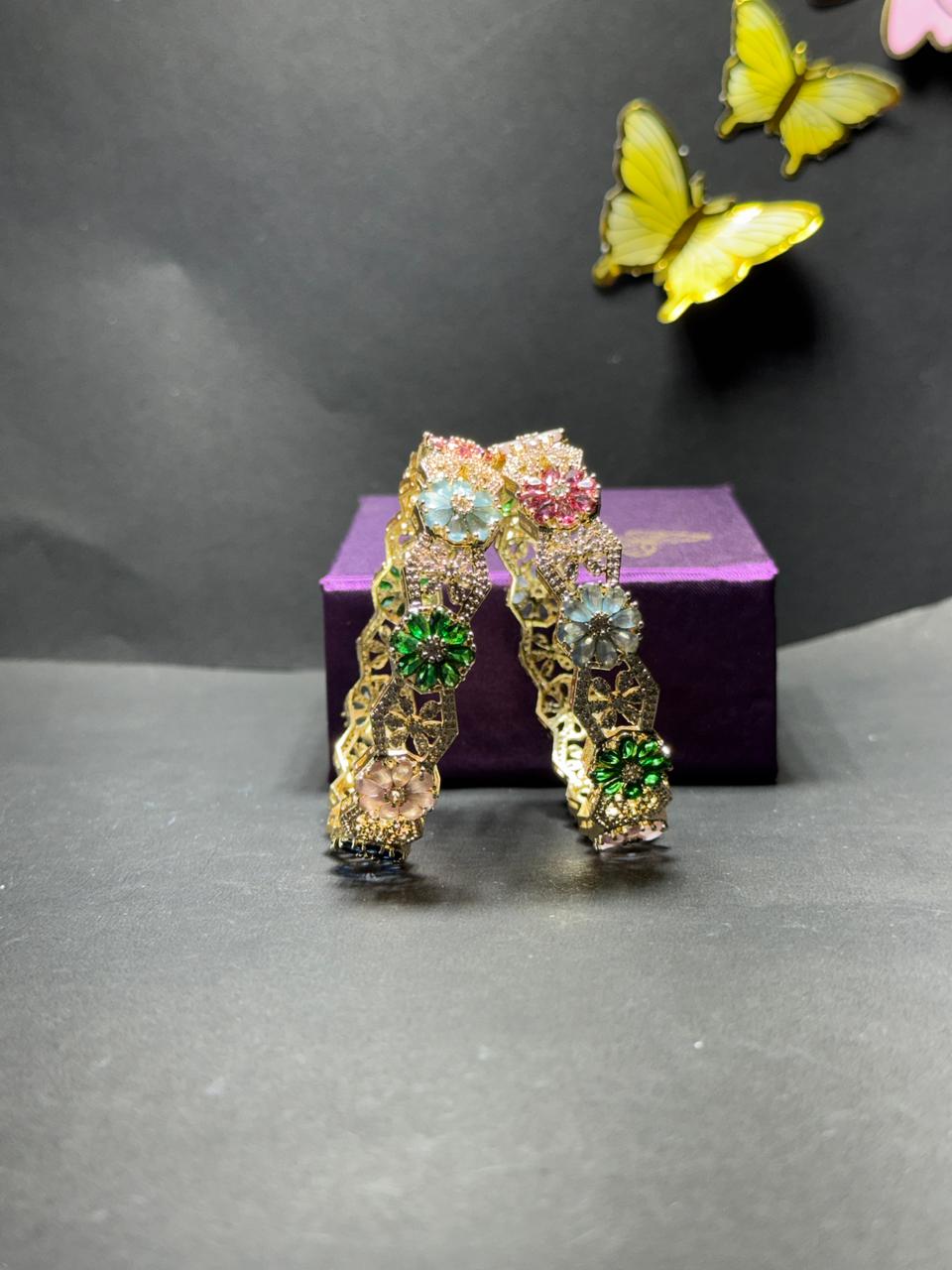 Exquisite Floral Navratna-Style Gold Plated Bangles with Multi-Color Zirconia Crystals (Set of 2) - Image 5